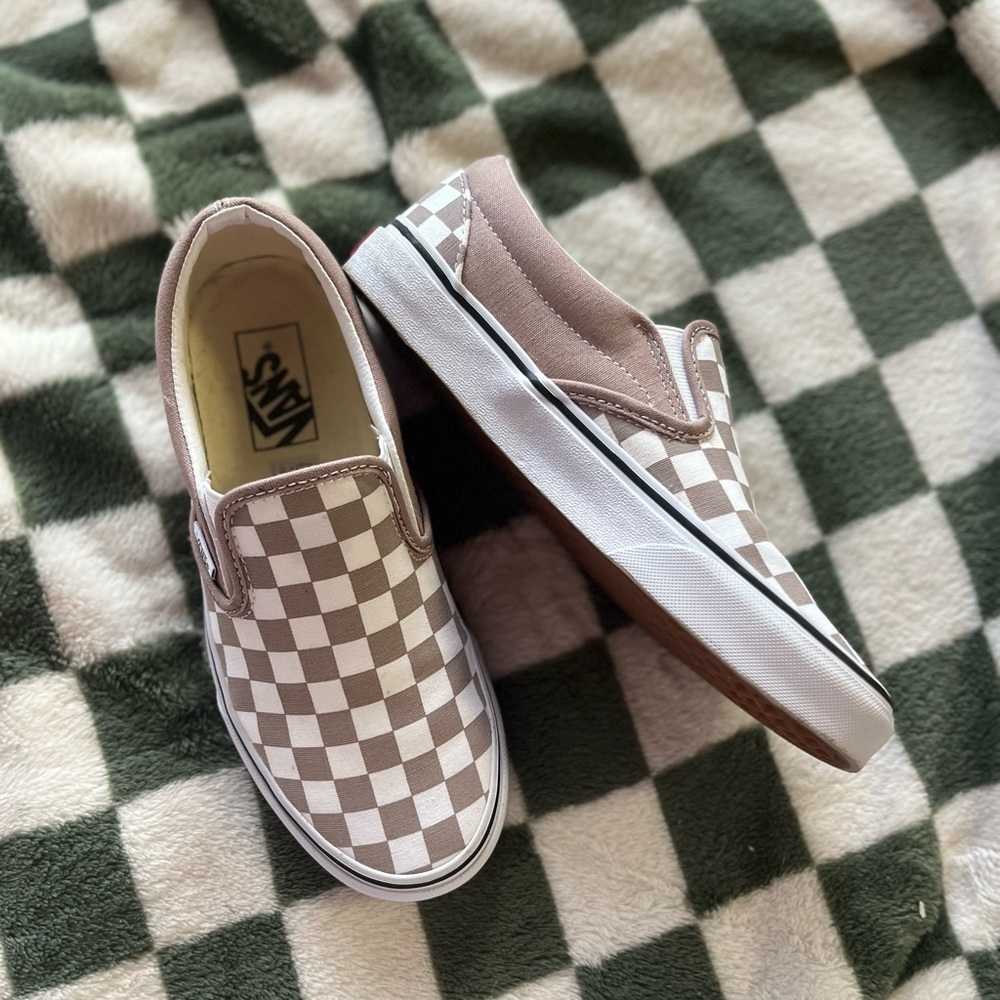 Beige checkered slip on vans